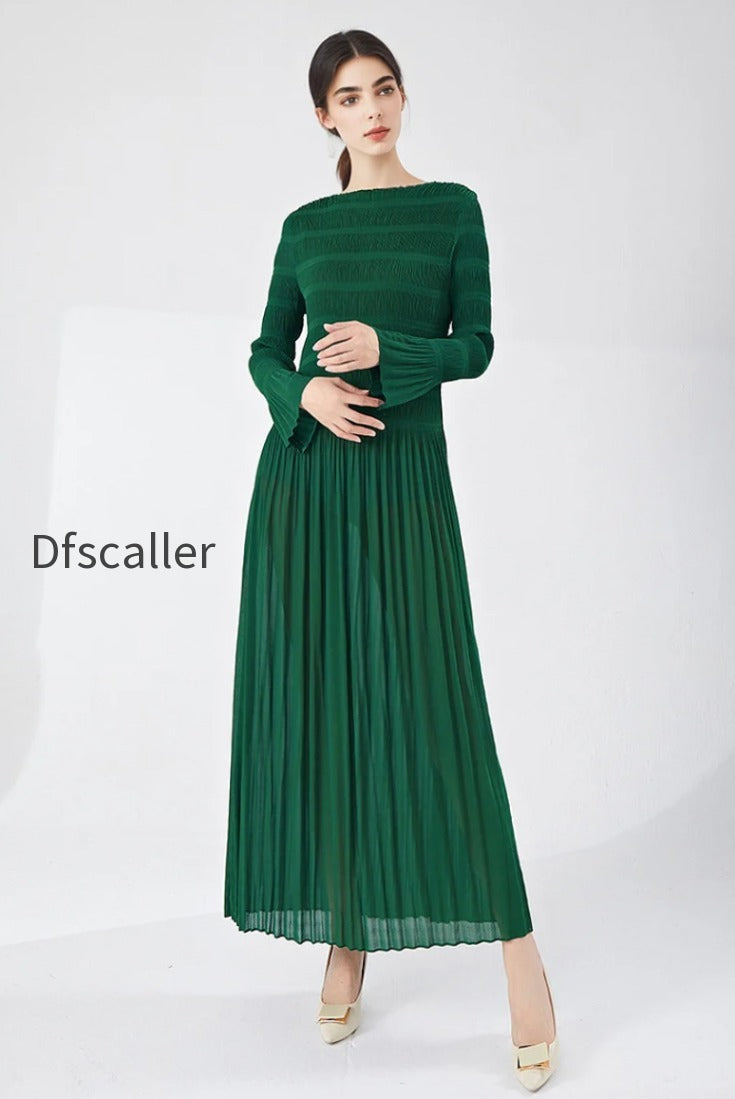 designer-inspired-pleated-long-sleeve-smocked-maxi-dress-in-emerald-green