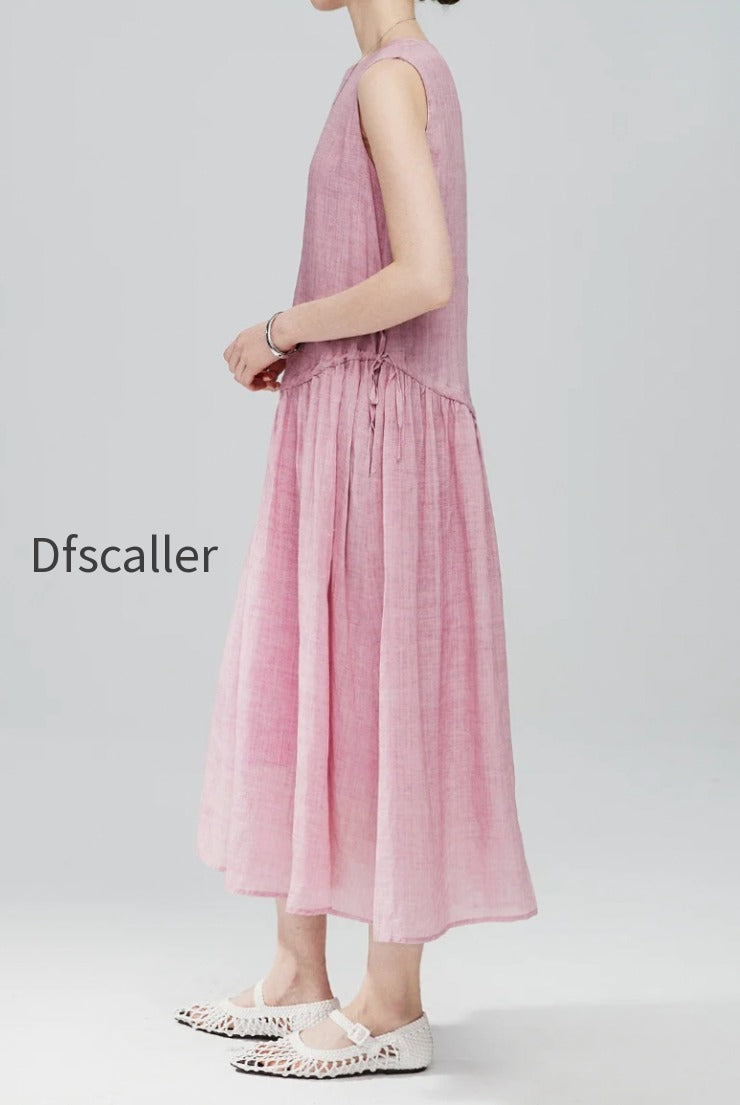 pink-ramie-tencel-tiered-swing-beach-tank-midi-dress