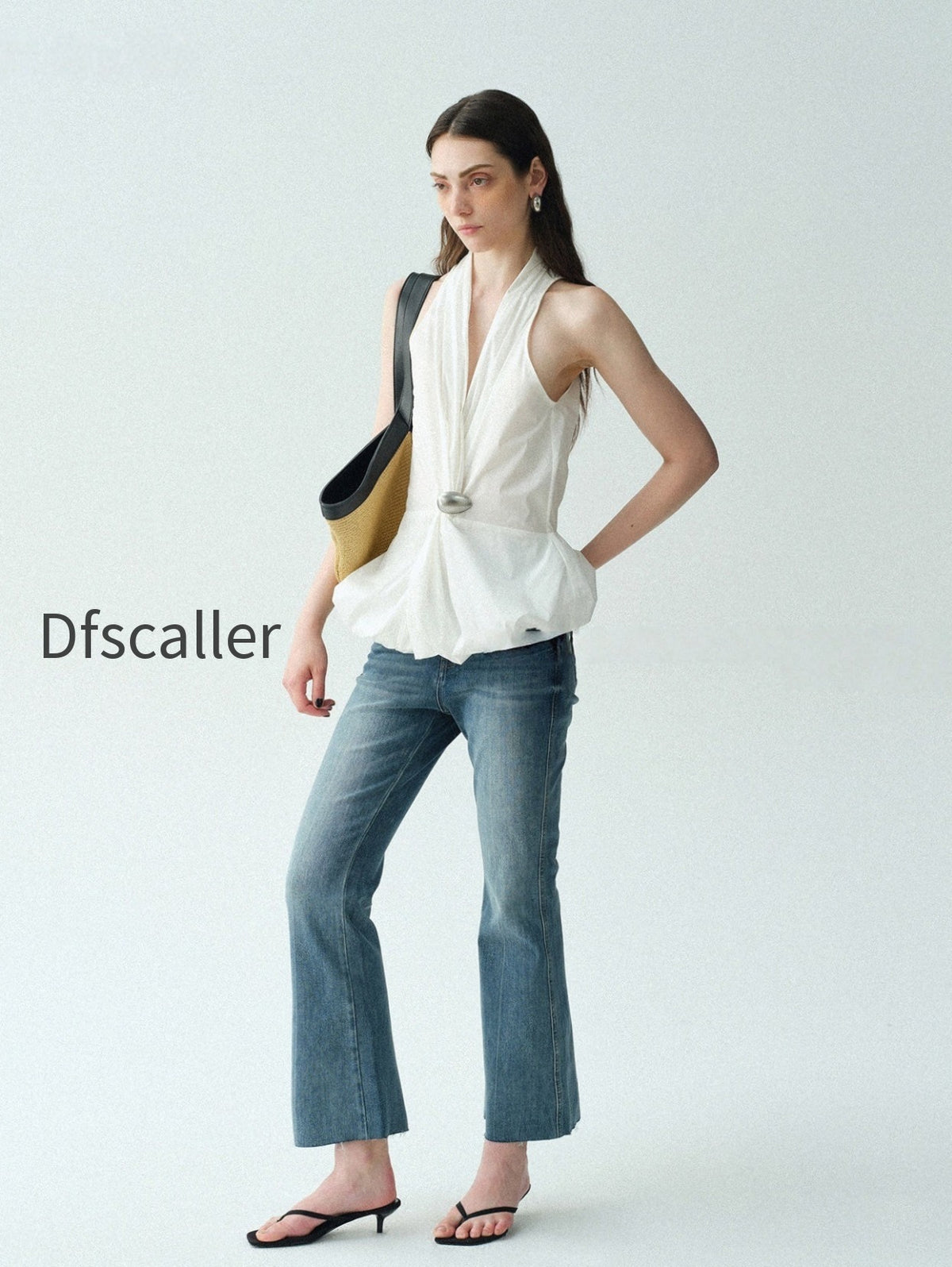 cotton-blend-halter-blouse-with-sculptural-brooch-irregular-knotted-waist-bubble-hem-sleeveless-top