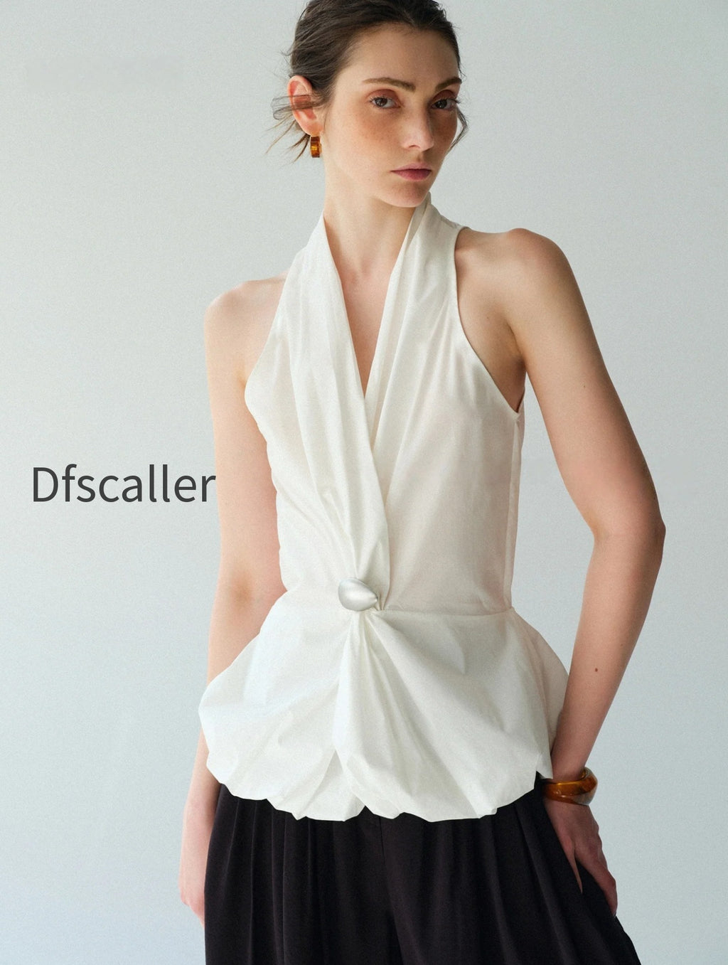 cotton-blend-halter-blouse-with-sculptural-brooch-irregular-knotted-waist-bubble-hem-sleeveless-top
