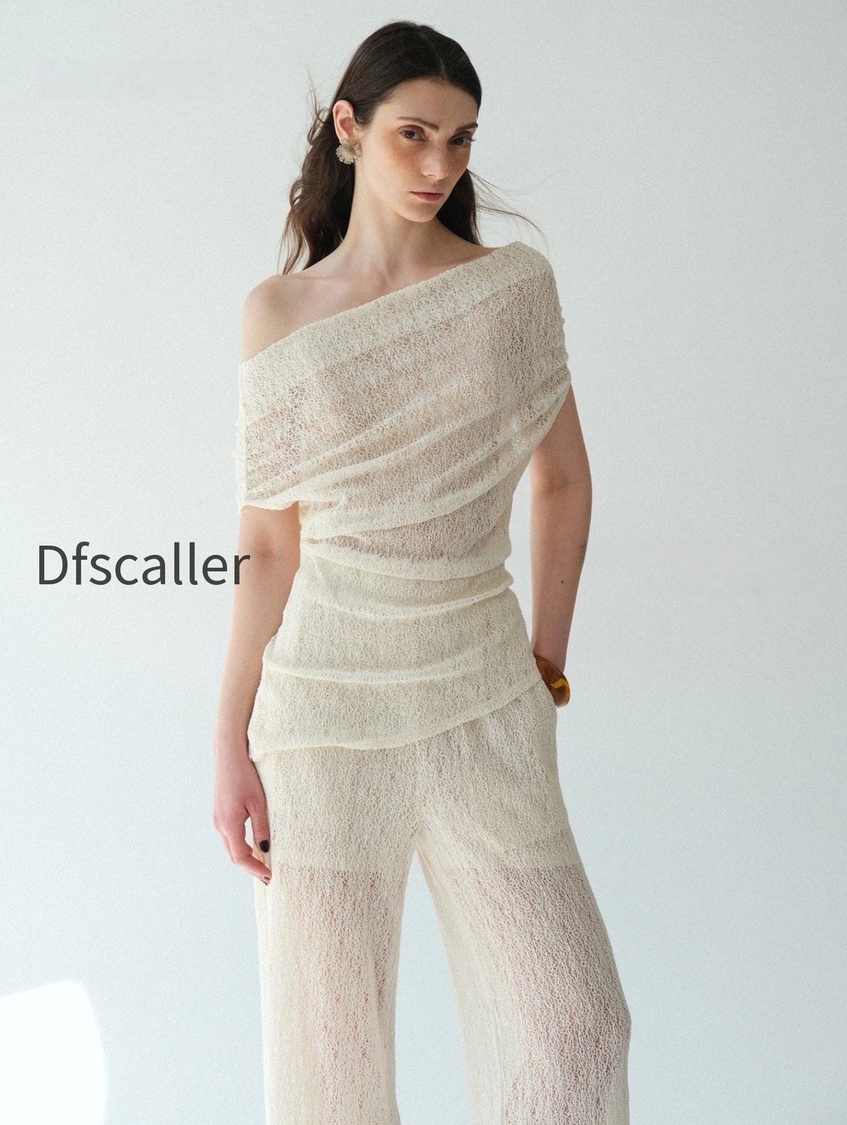 heavy-lace-sheer-off-shoulder-draped-top-straight-micro-flare-pants-set-convertible-two-way-statement-ensemble