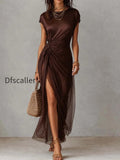 vintage-coffee-satin-and-tencel-layered-ruched-wrap-split-midi-dress
