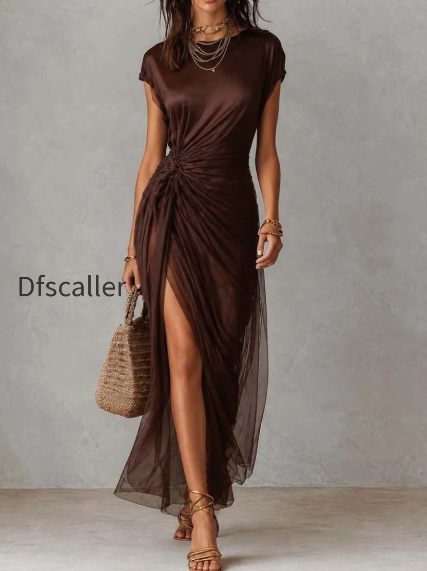 vintage-coffee-satin-and-tencel-layered-ruched-wrap-split-midi-dress