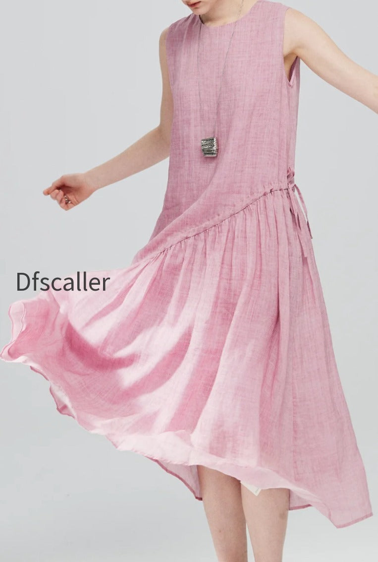 pink-ramie-tencel-tiered-swing-beach-tank-midi-dress