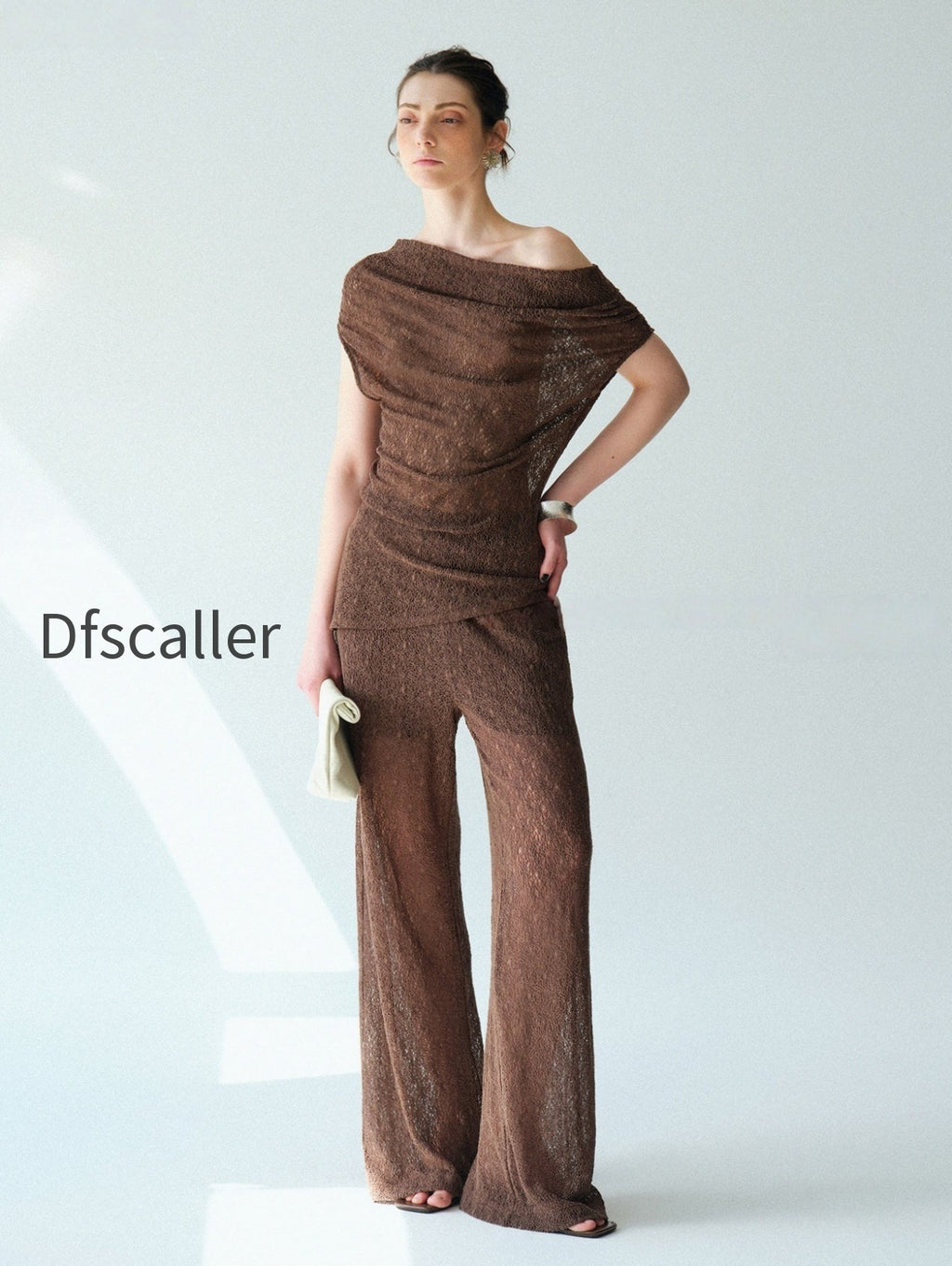 heavy-lace-sheer-off-shoulder-draped-top-straight-micro-flare-pants-set-convertible-two-way-statement-ensemble