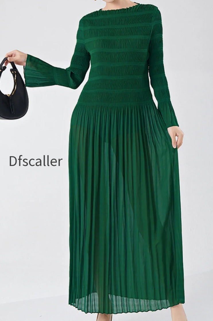 designer-inspired-pleated-long-sleeve-smocked-maxi-dress-in-emerald-green