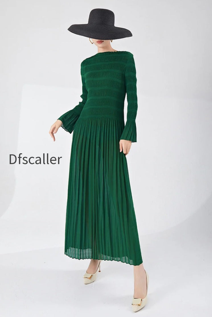 designer-inspired-pleated-long-sleeve-smocked-maxi-dress-in-emerald-green