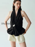 cotton-blend-halter-blouse-with-sculptural-brooch-irregular-knotted-waist-bubble-hem-sleeveless-top
