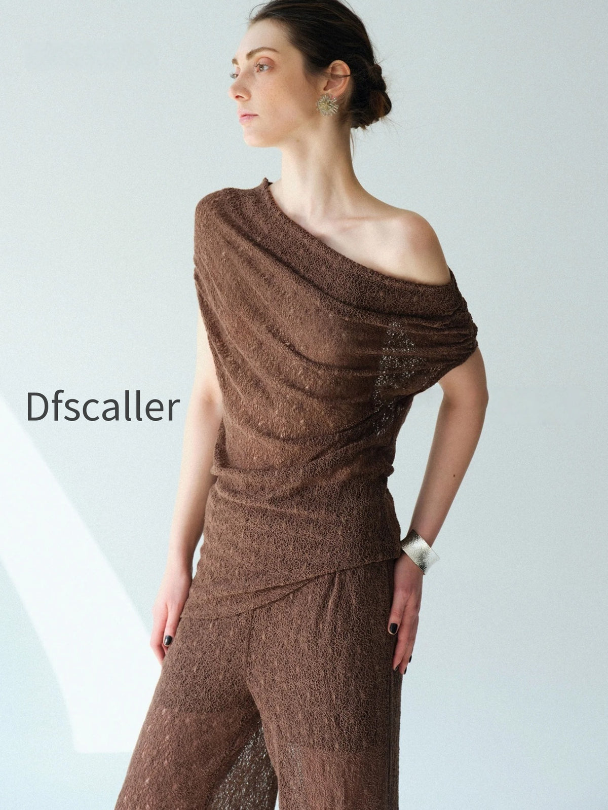 heavy-lace-sheer-off-shoulder-draped-top-straight-micro-flare-pants-set-convertible-two-way-statement-ensemble