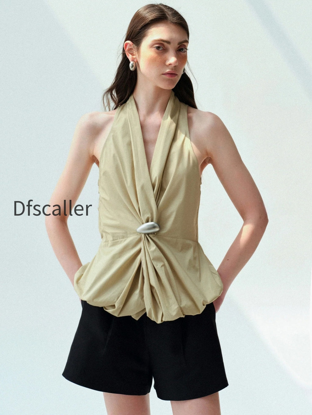 cotton-blend-halter-blouse-with-sculptural-brooch-irregular-knotted-waist-bubble-hem-sleeveless-top