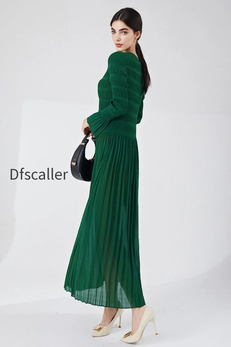 designer-inspired-pleated-long-sleeve-smocked-maxi-dress-in-emerald-green