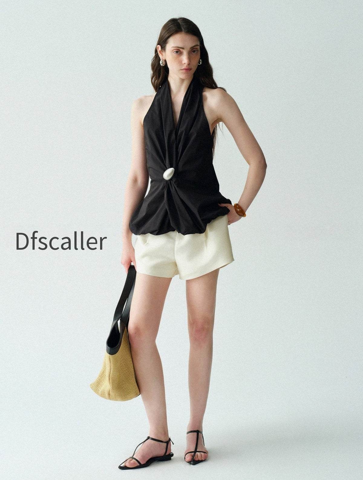 cotton-blend-halter-blouse-with-sculptural-brooch-irregular-knotted-waist-bubble-hem-sleeveless-top