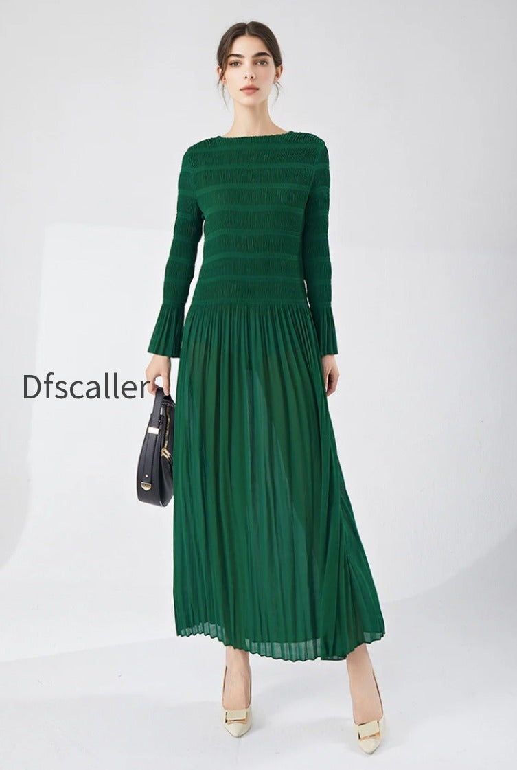 designer-inspired-pleated-long-sleeve-smocked-maxi-dress-in-emerald-green