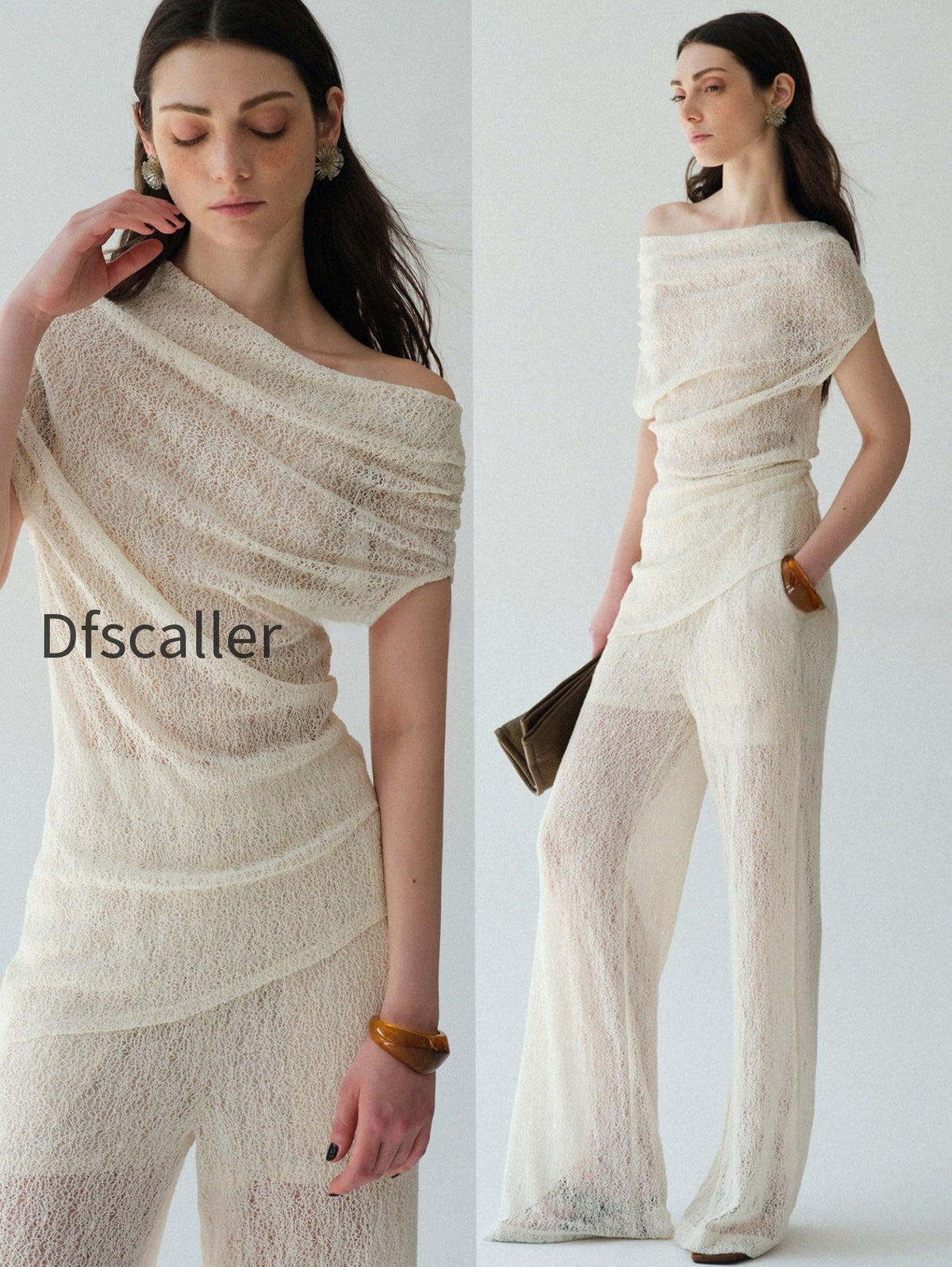 heavy-lace-sheer-off-shoulder-draped-top-straight-micro-flare-pants-set-convertible-two-way-statement-ensemble