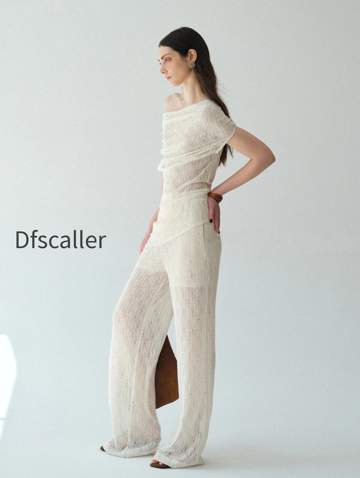 heavy-lace-sheer-off-shoulder-draped-top-straight-micro-flare-pants-set-convertible-two-way-statement-ensemble