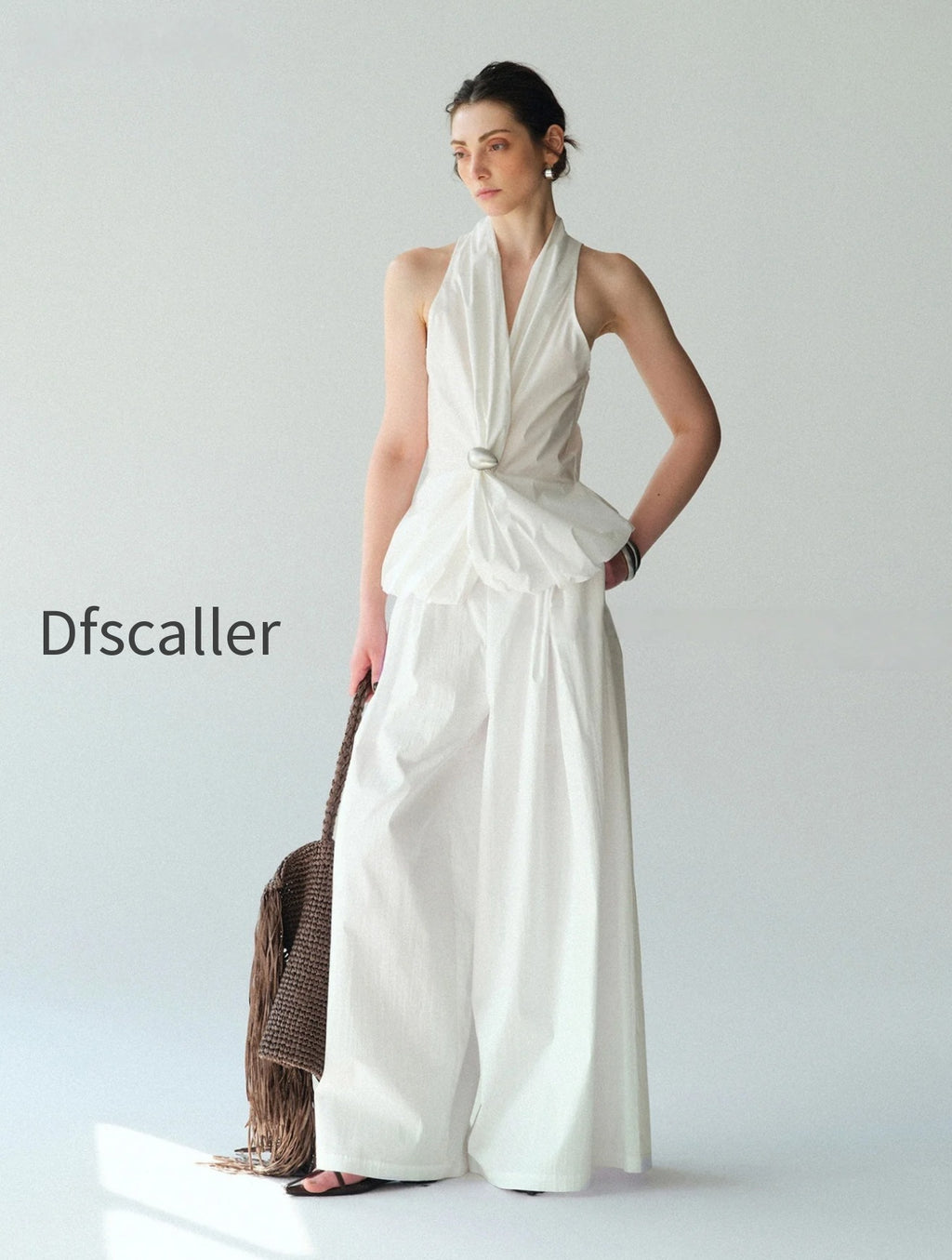 cotton-blend-halter-blouse-with-sculptural-brooch-irregular-knotted-waist-bubble-hem-sleeveless-top