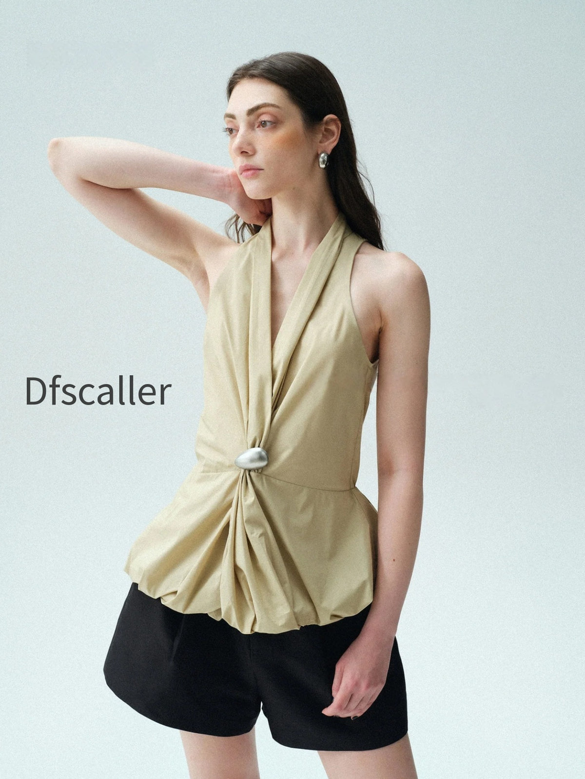 cotton-blend-halter-blouse-with-sculptural-brooch-irregular-knotted-waist-bubble-hem-sleeveless-top