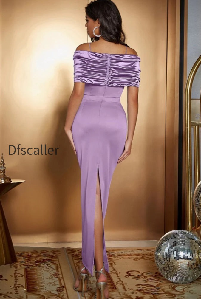 satin-ruched-panel-off-shoulder-fitted-silk-dress